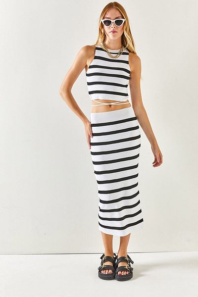 Olalook Damen-Strickset mit weißem Oberteil und Spitzendetail, Bluse, Unterteil und Rock TKM-19000214