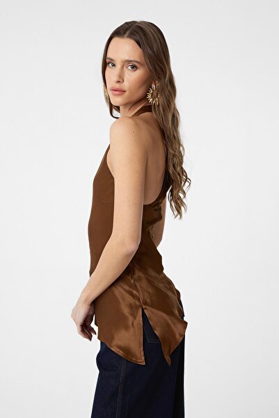 Antioch Brown Asymmetrical Satin Backless Women's Ball