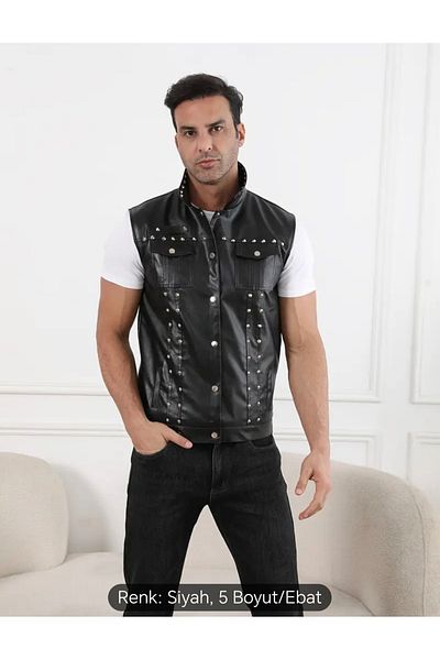 NYC GİYİM TEKSTİL Biker Cooper Vest Genuine Leather Vest with Rivet Nail Tip Detail