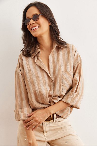 Olalook Women's Oversize Javanes Shirt with Camel Color Striped Pleated Back Detail - Gml- 19001274