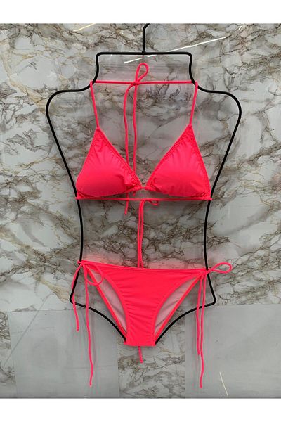 XORVİO Γυναικεία Νέας σεζόν Lycra Stretchy Side and Neck Tie Κομψό Σετ μπικίνι με κορδόνι τρίγωνο ροζ χρώμα