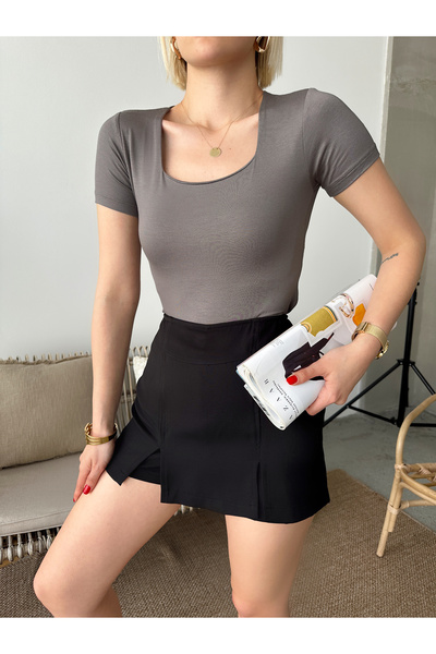 peralist Γυναικεία μπλούζα με τετράγωνο λαιμό μακρυμάνικη γκρι βιζόν από βισκόζη