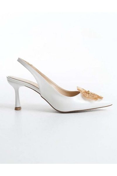Kids Club Shoes Feles Yellow Rose Detailed Open Back Stiletto Women's Heeled Shoes White