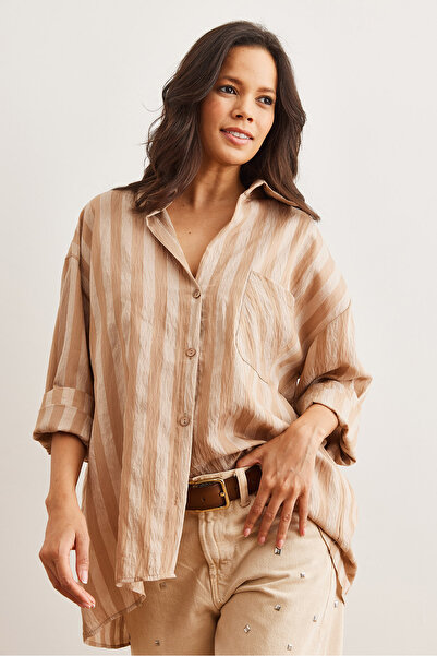 Olalook Women's Oversize Javanes Shirt with Camel Color Striped Pleated Back Detail - Gml- 19001274