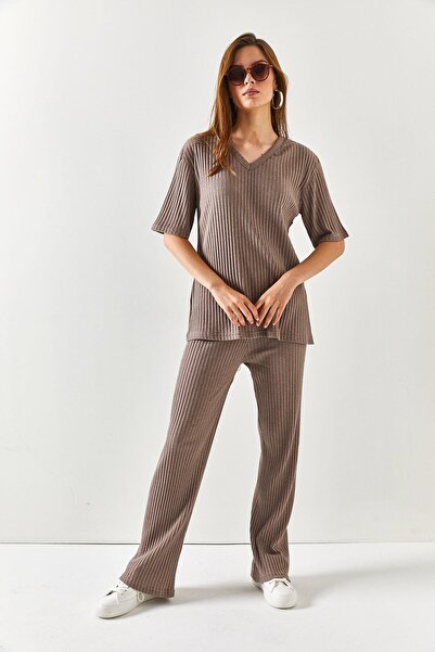 Olalook Women's Mink Top V-neck Bottom Palazzo Corded Suit TKM-19000212