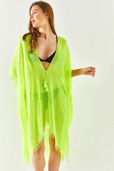 Olalook Women's Neon Green Slit Laced Pareo Kimono KMN-00000063