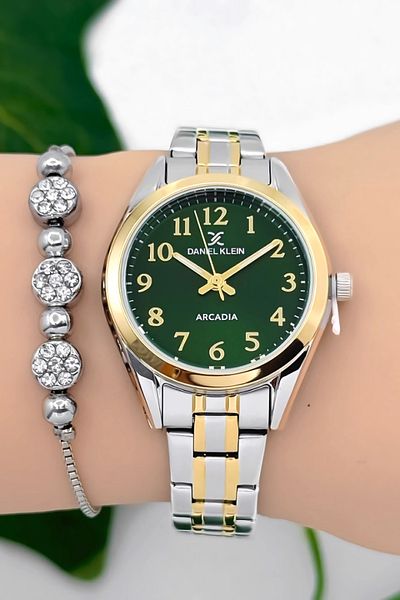 Daniel Klein Steel Cord Women Wrist Watch 3 Atm Water Resistant Silver-Gold-Green Zmdk1188
