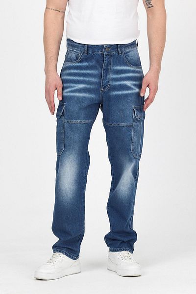DAMGA JEANS Men's Jeans Wide Leg Cargo Pocket Blue Baggy Trousers
