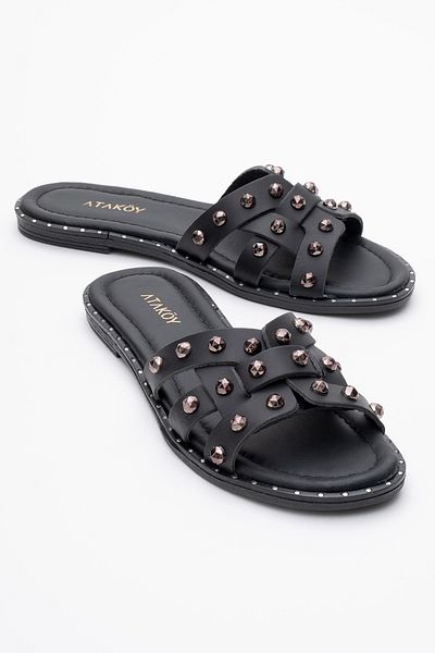 Ataköy Ayakkabı Women's Leather Staple Detail Slippers