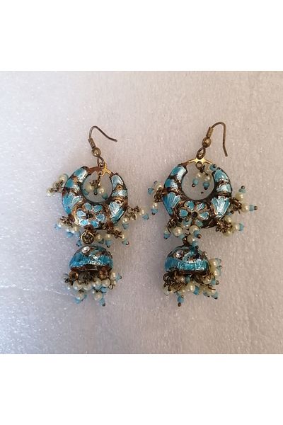 Butik Tülin Authentic Handmade Ceramic Blue Bright Stone Pearl Bead Dangle Earrings 5.5X2.2 cm Indian Made