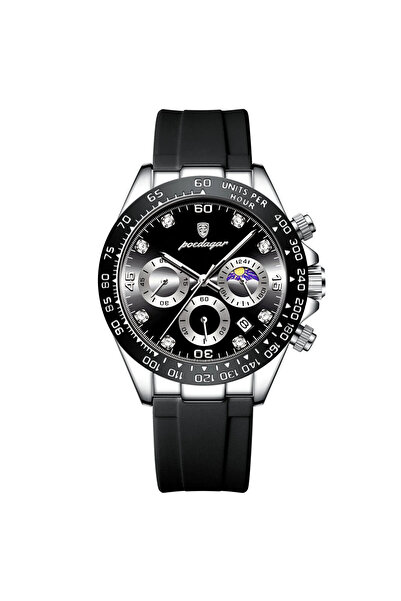 POEDAGAR Ceas Barbatesc Cs1480, Curea Silicon, Negru-argintiu, Cadran Negru