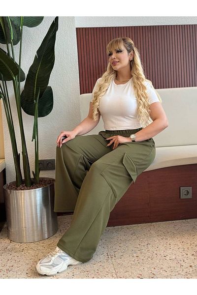 MODA PANTALONI CARGO FLEXIBILI DE MĂRIME PLUS FEMEI CU BUCURI LA TALIE ELASTICĂ