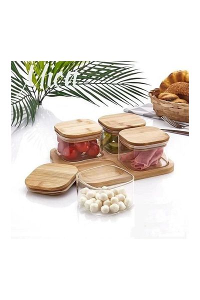 MİEN Mien M002 Bamboo Covered Glass Breakfast Set of 4