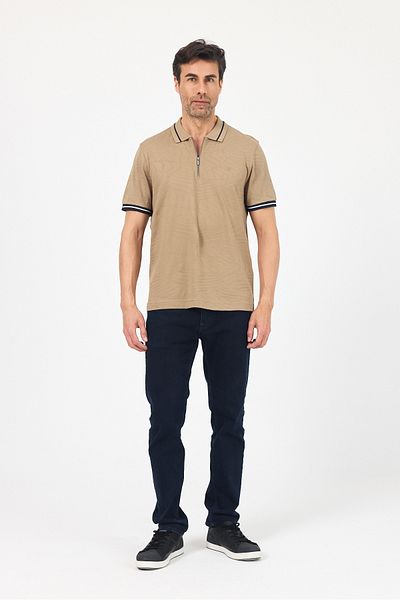 ENQUE Ανδρικό μπλουζάκι Basic Jacquard με υφή μπεζ με φερμουάρ Polo γιακά που δεν κυρτίζει 100% βαμβακερό μπλουζάκι με λεπτή εφαρμογή