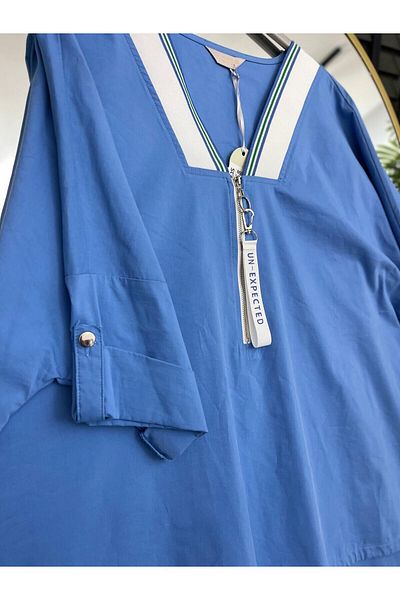 ARAS V-Neck Zippered Gathered Waist Blouse-54 - Blue