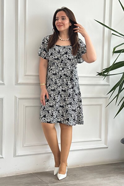 Yağmur Butik Φόρεμα από βισκόζη με τετράγωνο γιακά και σχέδιο