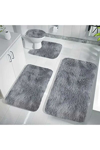 BEĞENDİ HOME Kaymaz Taban Yıkanabilir Gri Shaggy 4’lü Banyo Halı Paspası 1 Adet 60x100 Cm 1 Adet 50x80