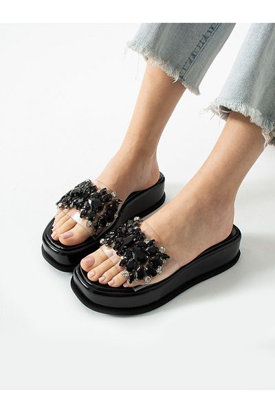 ALEMDAR AYAKKABI Lustra Black Stone Detailed Women's Slippers