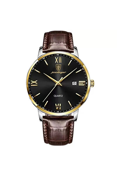 POEDAGAR Ανδρικό Ρολόι Cs1478, Γνήσιο Δερμάτινο Λουρί, Καφέ-Χρυσό, Μαύρο Καντράν