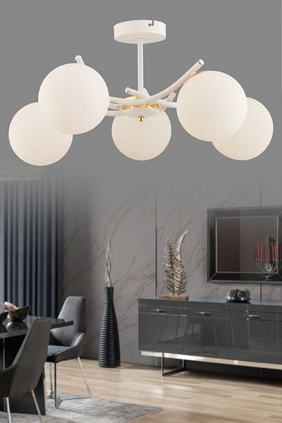 avimonaydınlatma Ferma 5-Piece White Glop Glass Modern Plafonier Chandelier Living Room Hall Bedroom