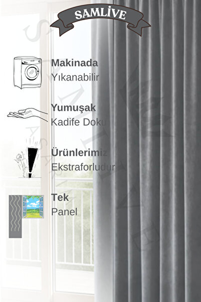 SamLive Kadife Dokulu Açık Gri Ekstrafor Büzgülü Yüksek Kalite Fon Perde Tek Kanat