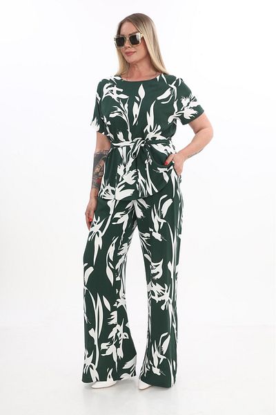 etselements White Patterned Crew Neck Belted % Cotton Blouse Pants Suit 4050 Petrol Color