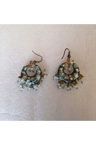 Butik Tülin Authentic Handmade Ceramic Blue Bright Stone Pearl Bead Moon Earrings 4.5X2.5Cm Indian Made