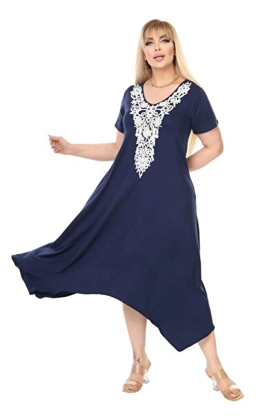 kısmet sepeti Women's Large Size Navy Blue Viscose Knitted Collar Stylish Dress