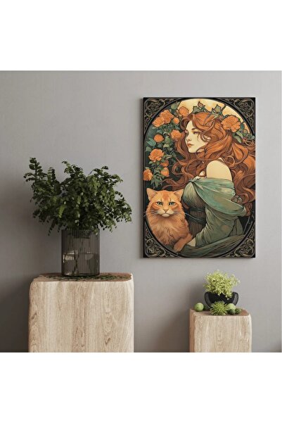 AR AJANS KANVAS TABLO Devojka jeseni, crvenokosa žena i mačka ukrasne slike n...