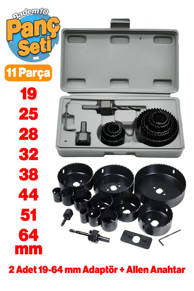 Badem10 Panç Seti 11 Parça Ahşap Duvar Buat Alçıpan Kartonpiyer Delme Adaptör Takımı Delik Açma Testeresi