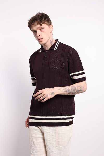 İLKCET MODA Ανδρικό πλεκτό μπλουζάκι Premium Oversize με ρίγα μανίκι γιακά