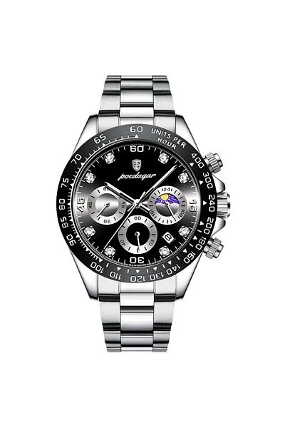 POEDAGAR Men's Watch Cs1447, Stainless Steel, Silver, Black Dial
