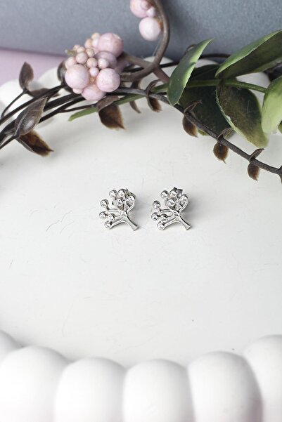 BY BARUN SİLVER Hayat Ağacı Beyaz Taşlı Gümüş Küpe-Rose