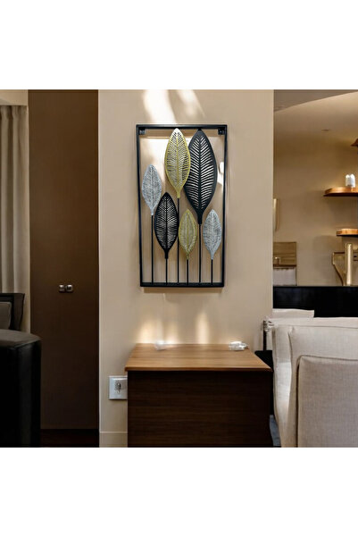 decorelax Dekoratif Metal Yaprak Temalı Tablo Gold Gümüş Siyah Renk