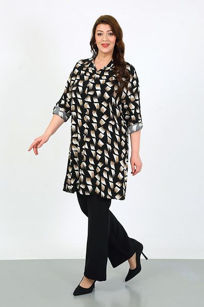 By Alba Collection Women's Black Patterned Cotton Viscose Large Size Tunic