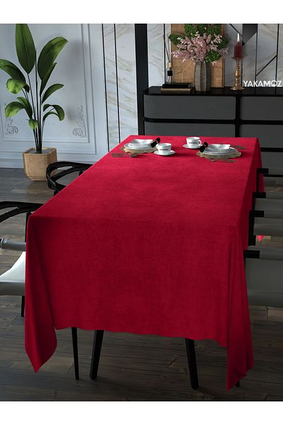 Yakamoz RED COLOR VELVET TEXTURED TABLE COVER LEAD-FREE VELVET TOUCH SERIES