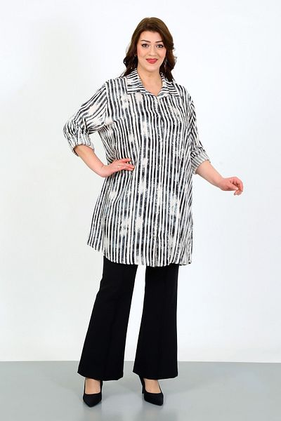 By Alba Collection تونيك نسائي قطن فيسكوز مخطط باللون الرمادي مقاس كبير