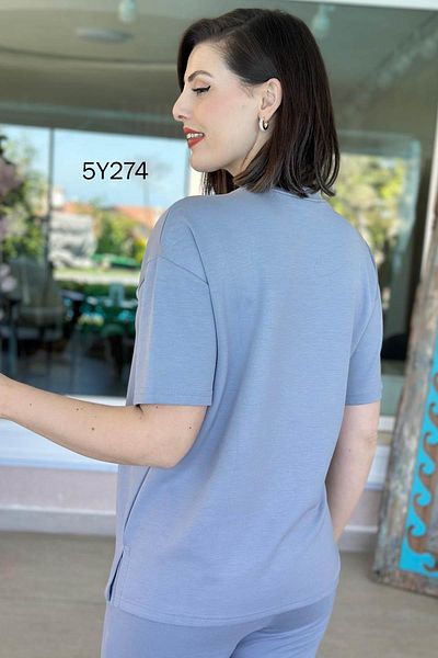 İnce Topuk Piping Crew Neck Modal Blouse 5Y274