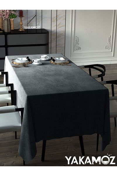 Yakamoz SILVER GRAY VELVET TEXTURED TABLE COVER LEATHERLESS VELVET TOUCH SERIES