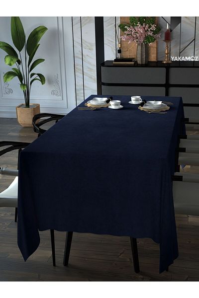 Yakamoz Navy Blue Color Velvet Textured Table Cloth Carefree Velvet Touch Series