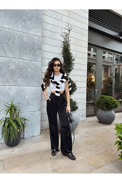 LOCH BUTİK Women's Black Jacquard Satin Design Trousers