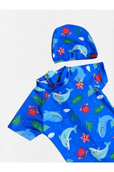 Fil Kids Boy's Blue Whale Crab Dolphin Print Short Sleeve Tight Woven Quick Dry Boned Swimsuit