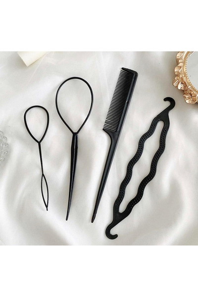 İnDerin Black Hair Knitted and Practical Styling Bun Buckle Apparatus Set of 4
