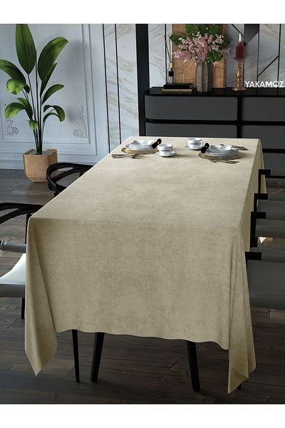 Yakamoz SUMMER BEIGE VELVET TEXTURED TABLE COVER LEAD-FREE VELVET TOUCH SERIES