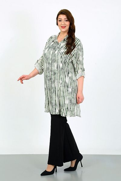 By Alba Collection Women's Khaki Striped Cotton Viscose Large Size Tunic