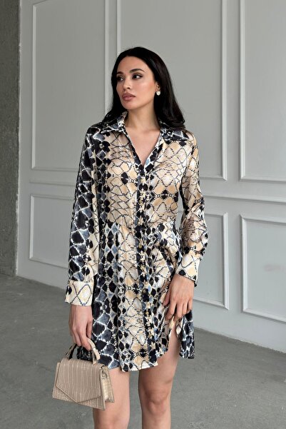 Serica Moda Rochie mini cămașă cu model bej