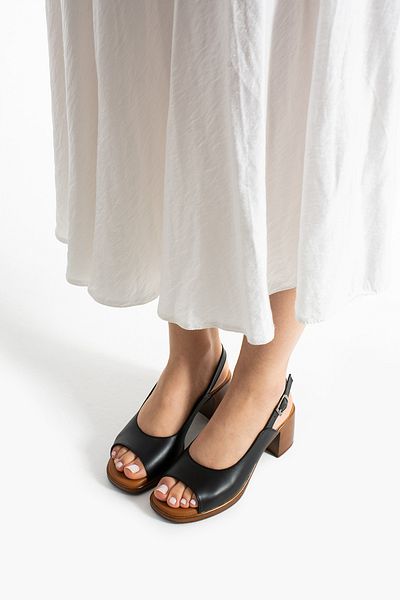 Getcho Erva Black Genuine Leather Heeled Sandals Thick Sole Open Toe Adjustable Strap Comfortable Women's Daily