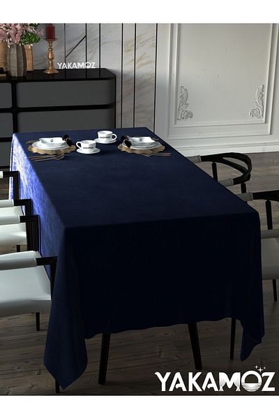 Yakamoz Navy Blue Color Velvet Textured Table Cloth Carefree Velvet Touch Series