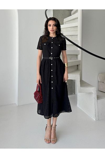 Serica Moda Black Stone Button Belted Midi Lace Dress