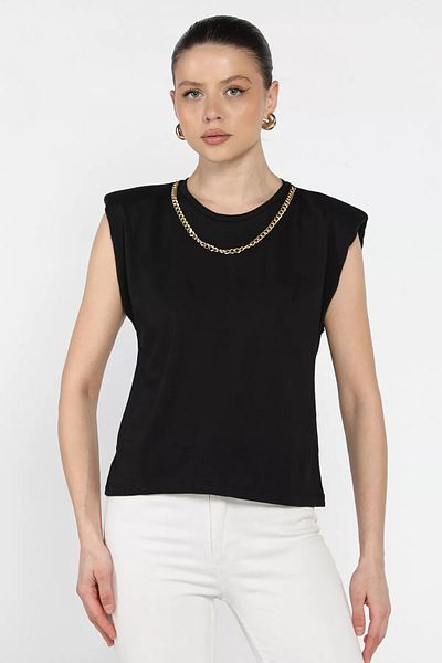 GÜLSELİ Tricou negru pentru femei cu mânecă zero, cu umăr căptușit și accesorii cu lanț